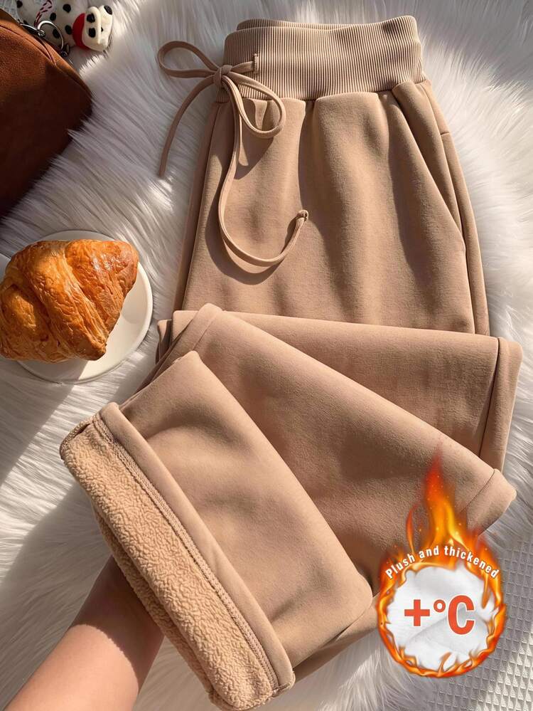 Comfortcana Plus Size Women's Casual Elegant Thermal Lined Long Sweatpants, Autumn/Winter Formal Home Wear Brown - Light Grey - View 1