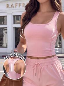 SHEIN Sports Women's Minimalist Mesh Patchwork Sports Tank Top, Casual Everyday Wear - Baby Pink - View 7