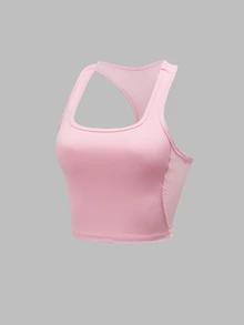 SHEIN Sports Women's Minimalist Mesh Patchwork Sports Tank Top, Casual Everyday Wear - Baby Pink - View 5