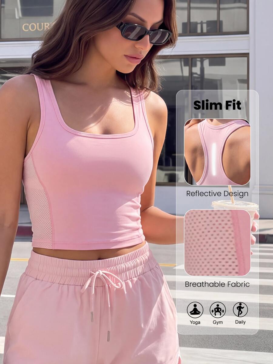 SHEIN Sports Women's Minimalist Mesh Patchwork Sports Tank Top, Casual Everyday Wear - Baby Pink - View 1