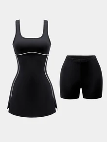 SHEIN Sports Fitted Mini Tank Sports Dress - Black - View 2