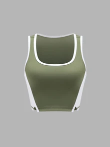 SHEIN Sports เสื้อกล้ามกีฬาครอปตัดต่อสีคอนทราสต์ - Charcoal Grey - ดู 2