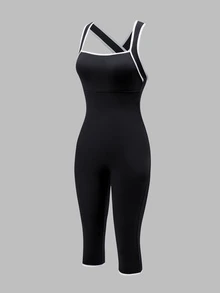 SHEIN Sports Women's Sports One-Piece Bodysuit, Built-In Removable Padded Cups, Contrast Strappy Criss-Cross Design, Open Back Cut, Cropped Length - Black - View 4