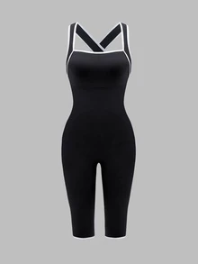 SHEIN Sports Women's Sports One-Piece Bodysuit, Built-In Removable Padded Cups, Contrast Strappy Criss-Cross Design, Open Back Cut, Cropped Length - Black - View 2