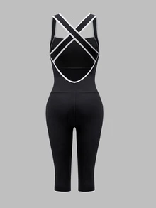 SHEIN Sports Women's Sports One-Piece Bodysuit, Built-In Removable Padded Cups, Contrast Strappy Criss-Cross Design, Open Back Cut, Cropped Length - Black - View 3