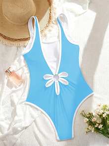 Swim SPRTY Women's Contrast Trim One-Piece Swimsuit Beach Pool Party Vacation Blue And White Summer Casual Tropical - Baby Blue - View 3