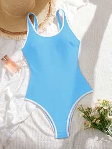 Swim SPRTY Women's Contrast Trim One-Piece Swimsuit Beach Pool Party Vacation Blue And White Summer Casual Tropical - Baby Blue - View 4