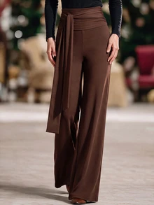 Flora Isola Flora Isola Solid Draped Wide Leg Pants - Coffee Brown - View 8