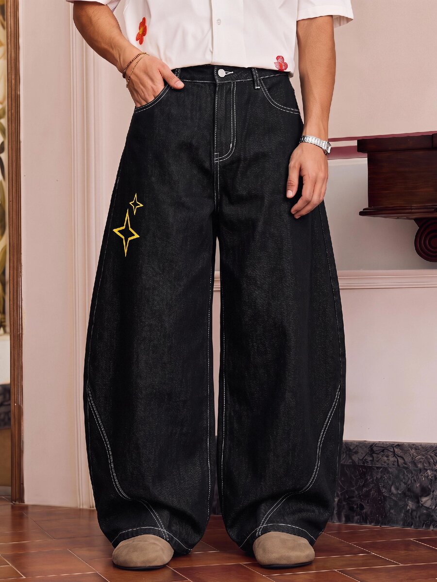 SWAVVY Men's Star Pattern Pocket Curved Leg Casual Denim Jeans - Black - View 1