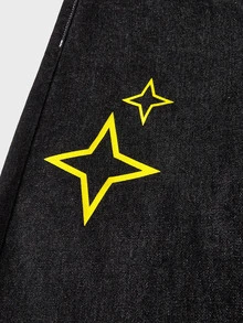 SWAVVY Men's Star Pattern Pocket Curved Leg Casual Denim Jeans - Black - View 8