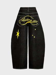 SWAVVY Men's Star Pattern Pocket Curved Leg Casual Denim Jeans - Black - View 4