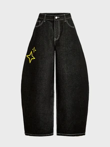 SWAVVY Men's Star Pattern Pocket Curved Leg Casual Denim Jeans - Black - View 3