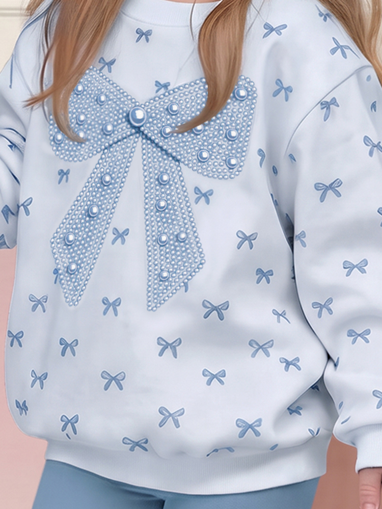 Young Girl Casual Crew Neck Long Sleeve Sweatshirt & Leggings 2 Pieces Set, Suitable For Autumn/Winter, Toddler Girl Sweet Style Blue Bow Print Short Sleeve Crew Neck Sweatshirt, Autumn/Winter Daily Casual Versatile Children's Outfit, Suitable For Autumn/Winter, Spring/Summer Matching - Multicolor - View 3