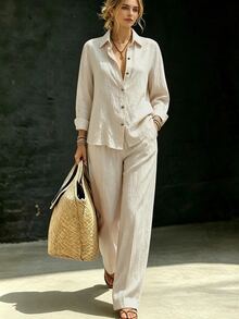SHEIN New Women's Daily Commute & Vacation 2 Pieces Set: Collared Long Sleeve Shirt & Straight Leg Pants - Apricot - View 1