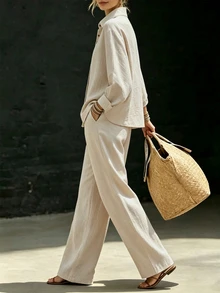 SHEIN New Women's Daily Commute & Vacation 2 Pieces Set: Collared Long Sleeve Shirt & Straight Leg Pants - Apricot - View 4