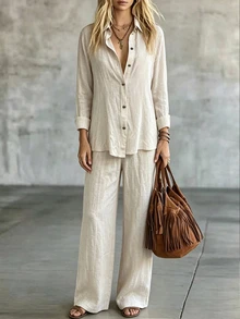SHEIN New Women's Daily Commute & Vacation 2 Pieces Set: Collared Long Sleeve Shirt & Straight Leg Pants - Apricot - View 6