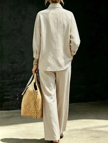 SHEIN New Women's Daily Commute & Vacation 2 Pieces Set: Collared Long Sleeve Shirt & Straight Leg Pants - Apricot - View 2