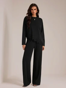 SHEIN Tall 黑色長袖長褲休閒穆斯林風蕾絲裝飾兩件套，適合高個女性 - 黑色 - 查看 5
