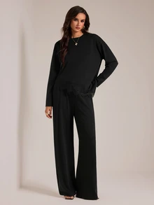 SHEIN Tall 黑色長袖長褲休閒穆斯林風蕾絲裝飾兩件套，適合高個女性 - 黑色 - 查看 4