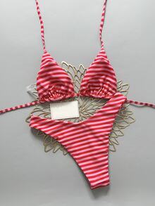 SHEIN Swim 女款兩件式分體比基尼套裝，熱帶可愛多彩條紋印花掛脖三角上衣與可愛三角泳褲，熱銷海灘度假休閒優雅情人節派對比基尼套裝，女款假期優雅海灘穿搭 - 彩色 - 查看 2