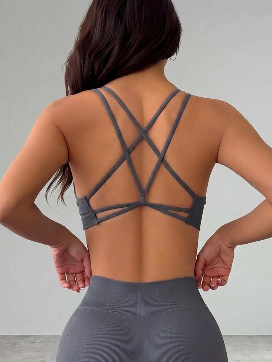 Slayform Slayform Solid Color Backless Halter Seamless Sports Bra Gym Dark Grey Summer Modest Sporty - Dark Grey - View 1