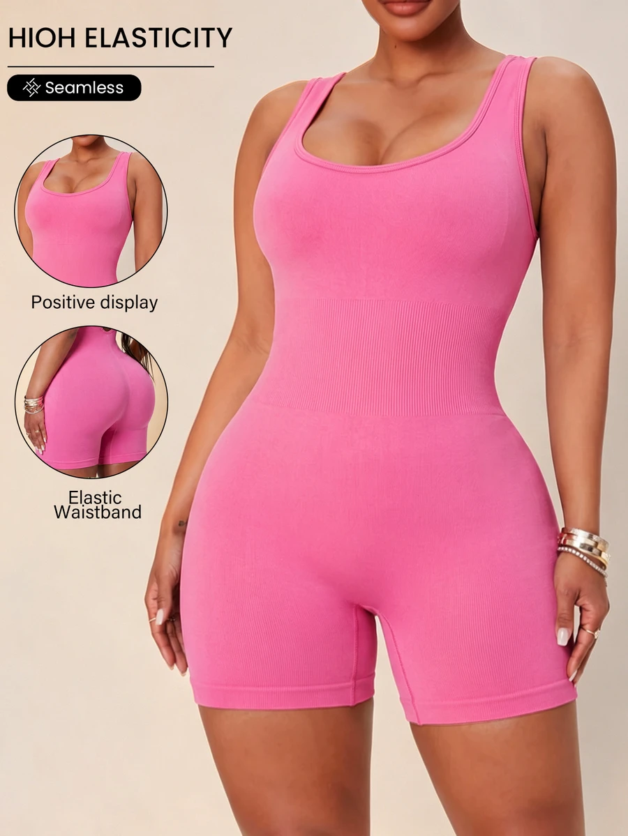 SHEIN Rhythm Era Women Plus Size Sports Jumpsuits Sports Gym Light Pink Summer - Pink - View 1