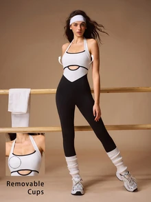 VARSIVA Women's Contrast Trim Cutout Design Halter Neck Sports Activewear Jumpsuit - Black and White - View 12