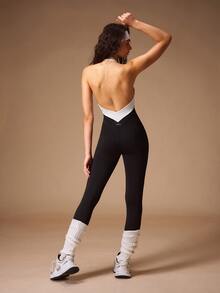 VARSIVA Women's Contrast Trim Cutout Design Halter Neck Sports Activewear Jumpsuit - Black and White - View 7