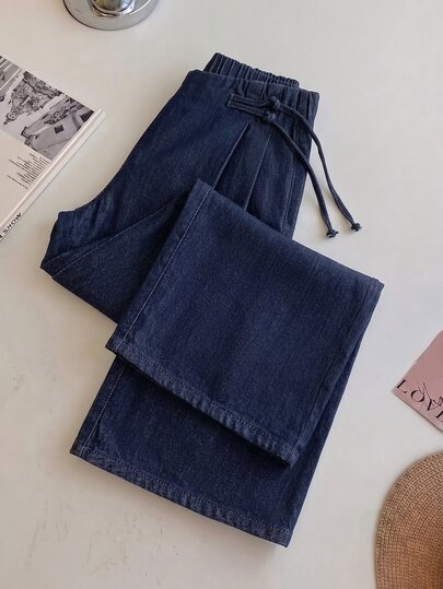 GlowEve CURVE Celana Jeans Denim Kasual Wanita Ukuran Besar untuk Semua Musim Gugur Gaya Cina, Desain Asimetris, Pinggang Terurai, Simpul Cina