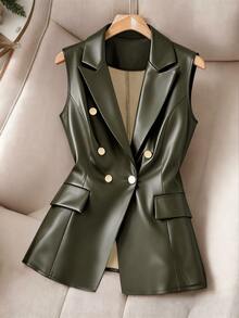 GlowEve CURVE Plus Size Women's Premium Leather, Button Decorated, Sleeveless Blazer - Army Green - View 5