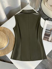 GlowEve CURVE Plus Size Women's Premium Leather, Button Decorated, Sleeveless Blazer - Army Green - View 3