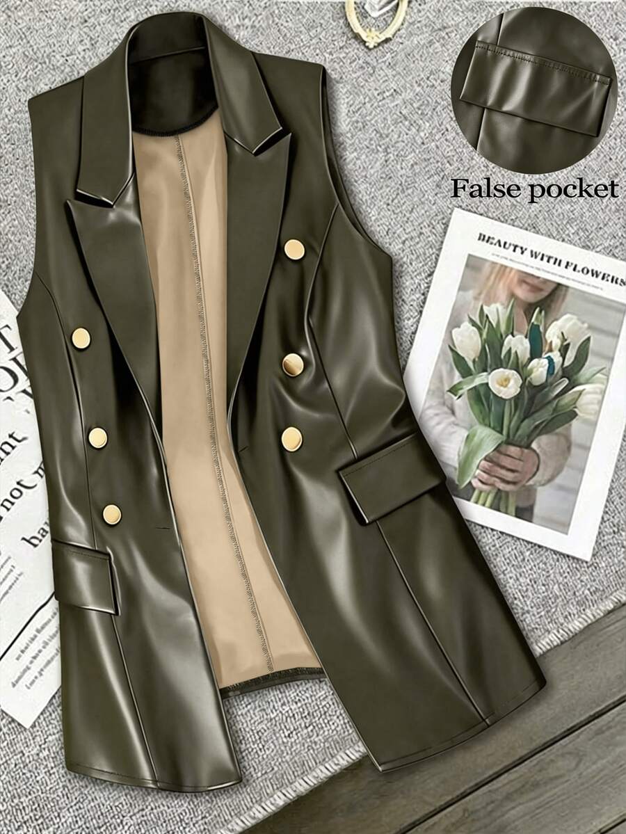 GlowEve CURVE Plus Size Women's Premium Leather, Button Decorated, Sleeveless Blazer - Army Green - View 1