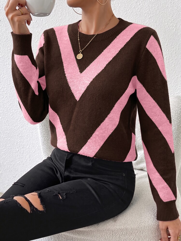 SHEIN PariChic 2026 Autumn/Winter New Diamond Striped Pullover Sweater - Multicolor - View 7