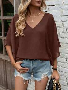 EMERY ROSE Women's Solid V-Neck Batwing Sleeve Loose Casual Fall Blouse Top - Brown - View 6