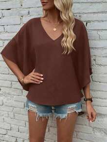 EMERY ROSE Women's Solid V-Neck Batwing Sleeve Loose Casual Fall Blouse Top - Brown - View 5