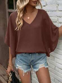EMERY ROSE Women's Solid V-Neck Batwing Sleeve Loose Casual Fall Blouse Top - Brown - View 3