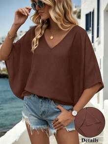 EMERY ROSE Women's Solid V-Neck Batwing Sleeve Loose Casual Fall Blouse Top - Brown - View 1