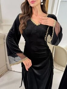 Al Najma Women's Elegant Mesh Patchwork Arabian Dress - Black - View 6