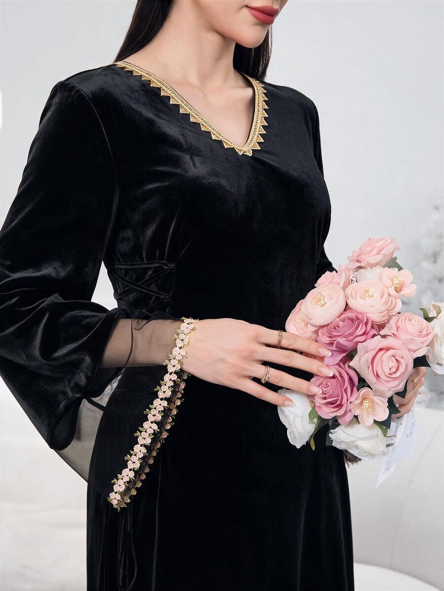 Al Najma Women's Elegant Mesh Patchwork Arabian Dress - Black - View 1
