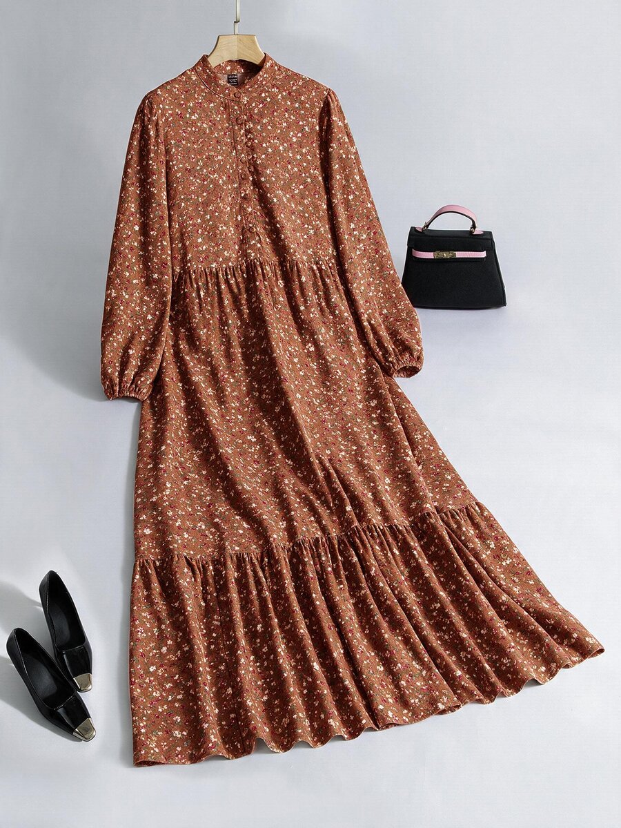 Yasmyna Women's Ditsy Floral Button Design Long Sleeve Elegant Arabian Dress - Multicolor - View 1