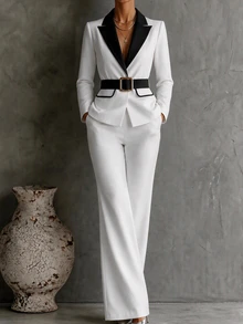 SHEIN Black And White Contrast Elegant Design Professional Exquisite Suit Set - Black and White - View 4