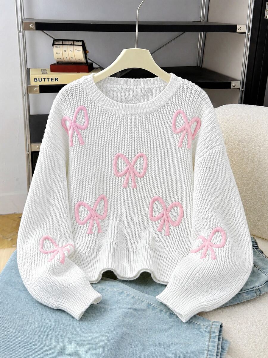 SHEIN 女童新款時尚百搭仙氣可愛蝴蝶結套頭毛衣,白色與粉色,秋季校園告別季穿搭 - 白色 - 查看 1