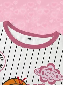 THE POWERPUFF GIRLS X SHEIN 大尺碼女款字母條紋印花圓領短袖休閒T恤 - 白色 - 查看 6
