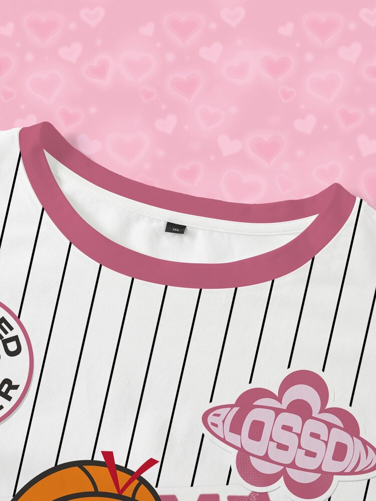 THE POWERPUFF GIRLS X SHEIN Plus Size Women's Letter Stripe Print Round Neck Short Sleeve Casual T-Shirt - White - View 6