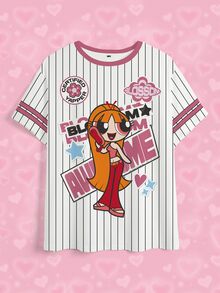 THE POWERPUFF GIRLS X SHEIN 大尺碼女款字母條紋印花圓領短袖休閒T恤 - 白色 - 查看 4