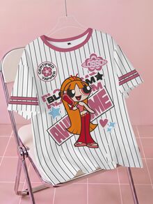 THE POWERPUFF GIRLS X SHEIN 大尺碼女款字母條紋印花圓領短袖休閒T恤 - 白色 - 查看 1