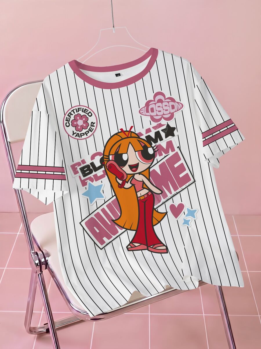THE POWERPUFF GIRLS X SHEIN 大尺碼女款字母條紋印花圓領短袖休閒T恤 - 白色 - 查看 1