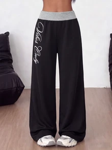 SHEIN 青少年女孩冬季拼接腰頭白色刺繡黑色休閒長褲 - 黑色 - 查看 5