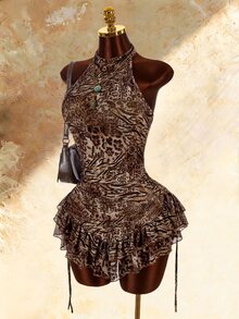 Amplova Boho Style High Neck Asymmetrical Ruffle Hem Waist-Cinching Mini Dress - Brown - View 4