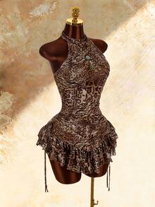 Amplova Boho Style High Neck Asymmetrical Ruffle Hem Waist-Cinching Mini Dress - Brown - View 7